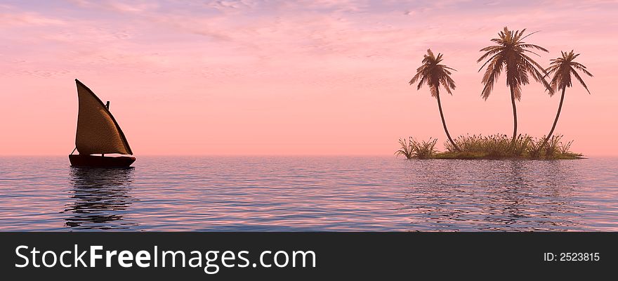 Small boat and sunset sky - 3d landscape scene .