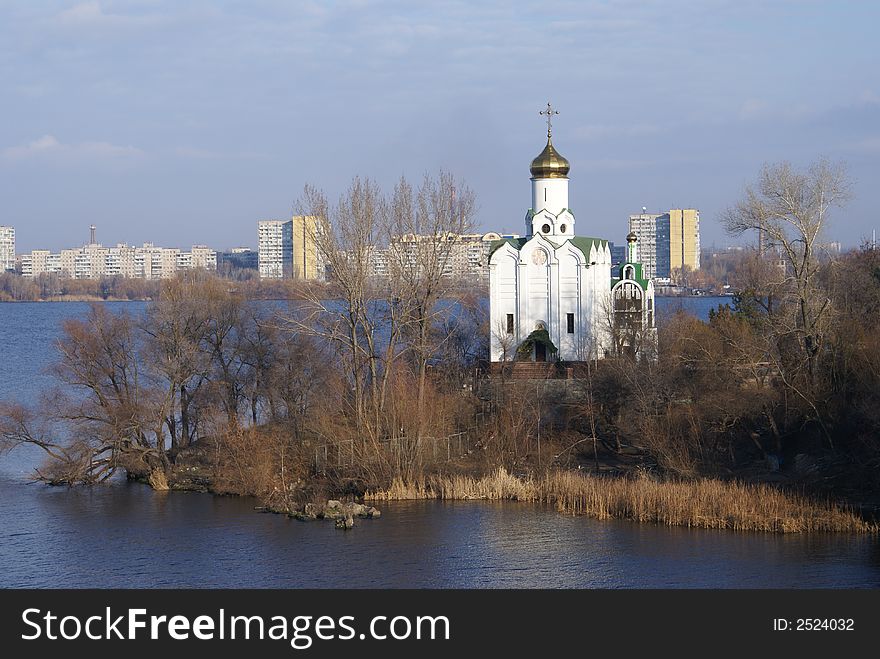 The river Dnepr and church on Monastic island