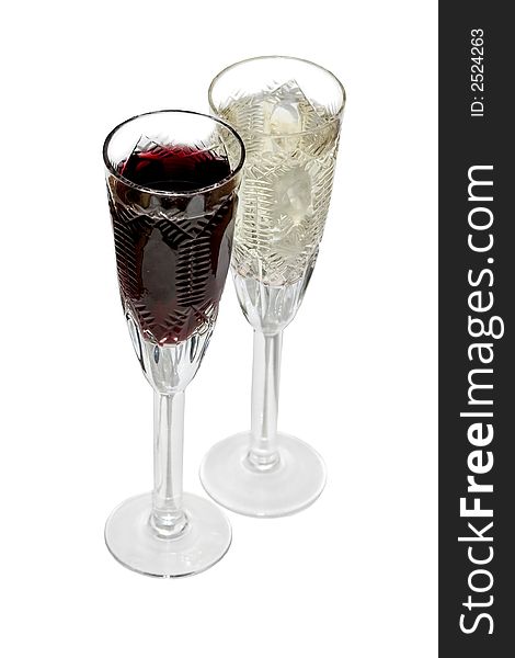 Two glasses with red and white wine isolated on white background