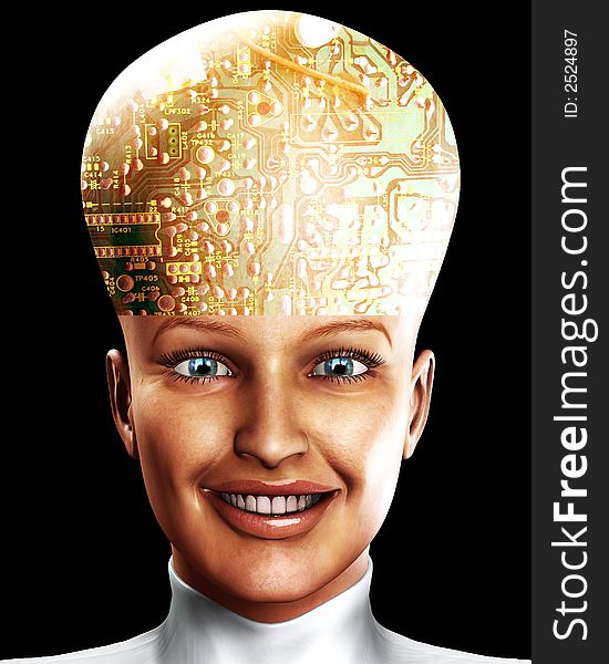 An conceptual image of a cyborg women who is very clever, we can tell this by the big head with an added circuitbored effect. An conceptual image of a cyborg women who is very clever, we can tell this by the big head with an added circuitbored effect.