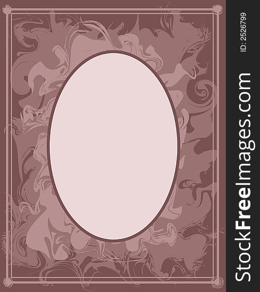 A scrapbook frame featuring a maroon background and mauve and pink swirls on top, with an oval opening. A scrapbook frame featuring a maroon background and mauve and pink swirls on top, with an oval opening.