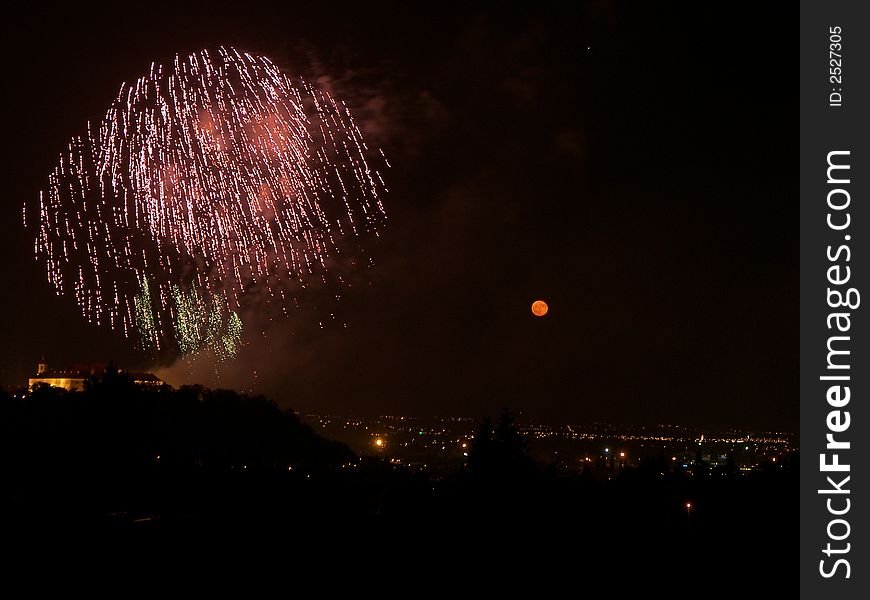 A firework exposion over city Brno. A firework exposion over city Brno