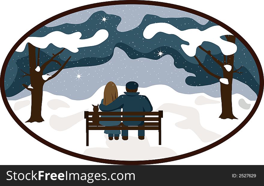 A couple relaxing on a park bench in the snow.  Let it Snow  The It Must be Love vector is in easy edit layers and in AI-EPS8 format.