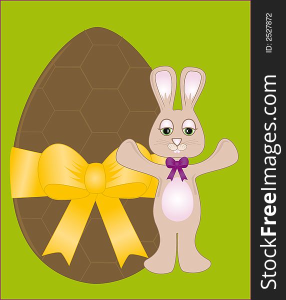 Large chocolate easter egg with gold ribbon and cute easter bunny. Large chocolate easter egg with gold ribbon and cute easter bunny