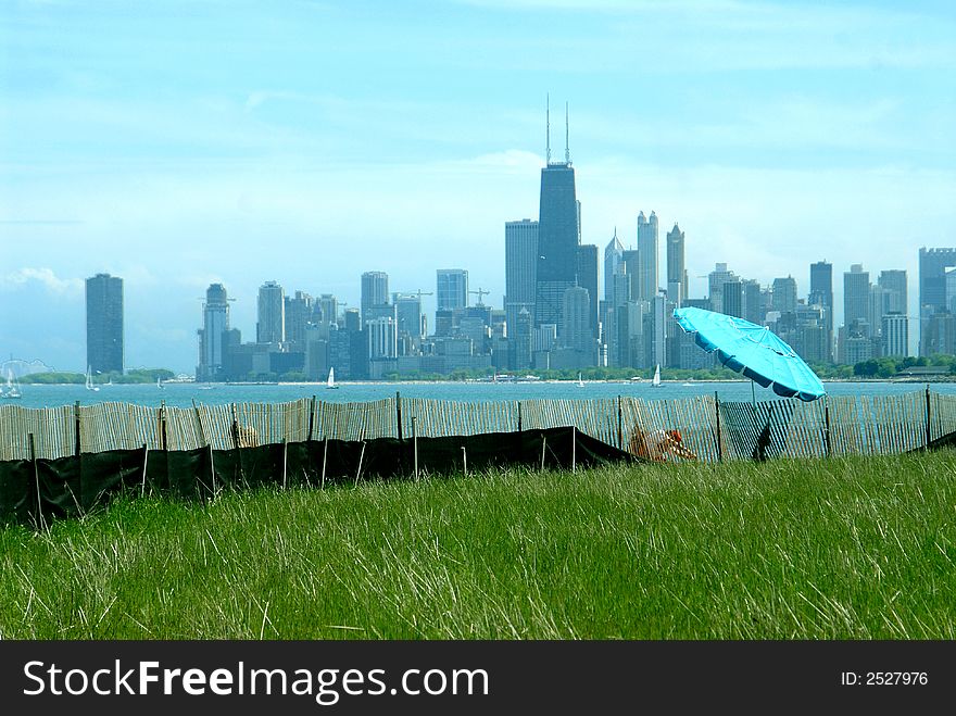 View to Chicago from Lake Shore Drive beach, IL. USA