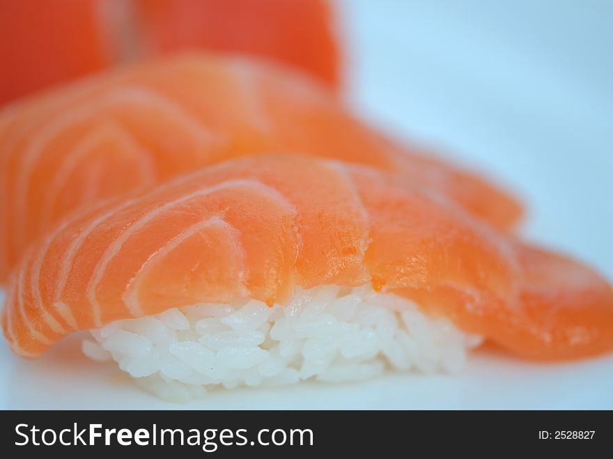 Pink Salmon sushi on white