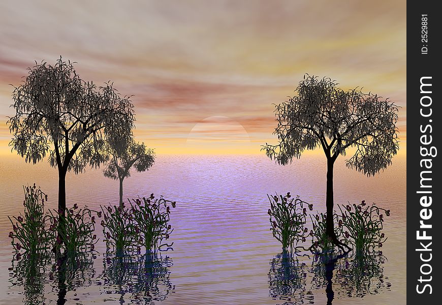 Trees in a water bed with plants seen in far a mauve setting sun. Pic may be had in a variety of colors upon request. Trees in a water bed with plants seen in far a mauve setting sun. Pic may be had in a variety of colors upon request.