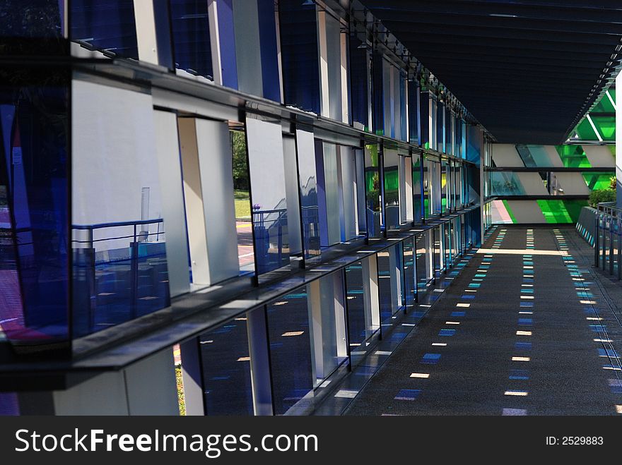 Colorful tinted glass walk way