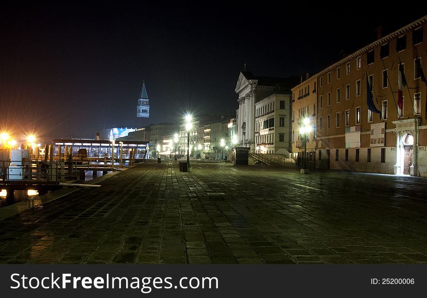 Sestiere Castello (Venice) during a clear winters night. St Mark's Campanile lit up in background. Sestiere Castello (Venice) during a clear winters night. St Mark's Campanile lit up in background