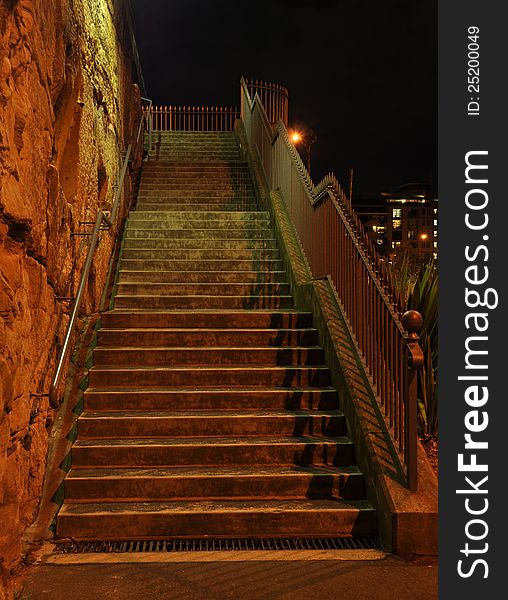 Steps leading up the Sydney Quays at night. Steps leading up the Sydney Quays at night