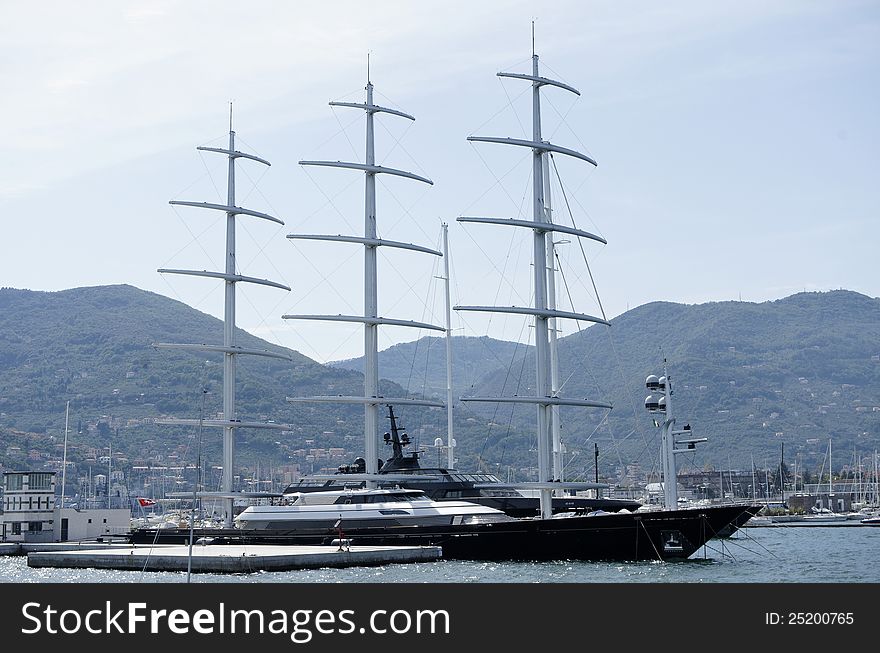 Detail of moored modern sailing boat