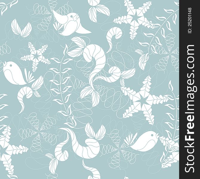 Seamless blue pattern with birds and flowers. Seamless blue pattern with birds and flowers