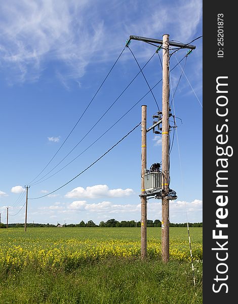 Wooden electricity pylons outside the green