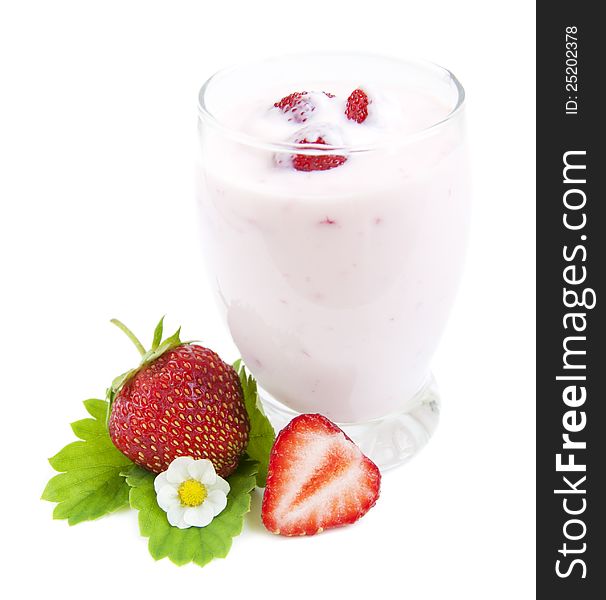 Glass with Strawberries yogurt on a white background