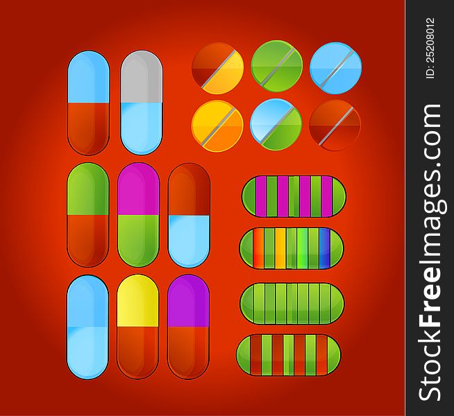 Shiny colored medic pills symbols set isolated