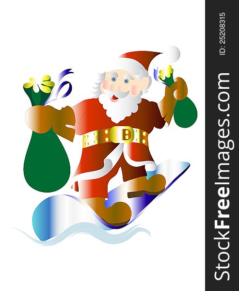 Happy and funny Santa on snowboard with presents. Christmas vectors. Happy and funny Santa on snowboard with presents. Christmas vectors