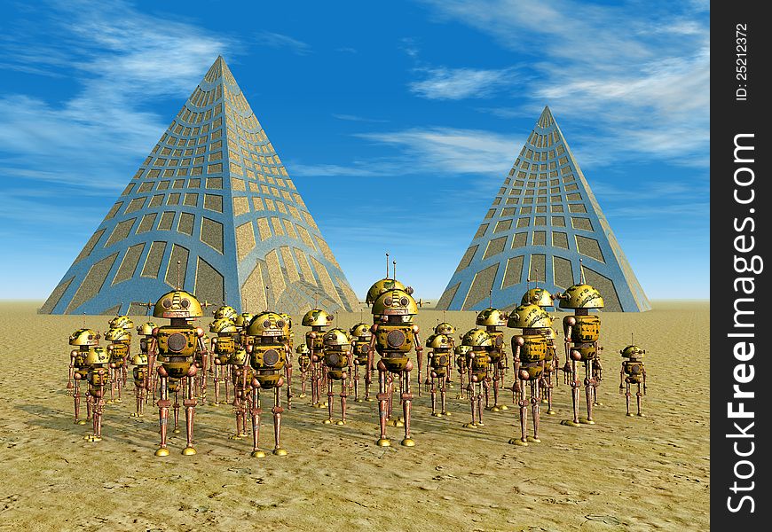 Computer generated 3D illustration with robots on a strange planet. Computer generated 3D illustration with robots on a strange planet