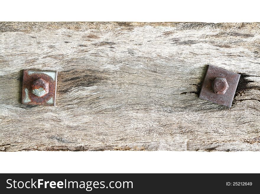 Old plank with rusty bolt isolated white background