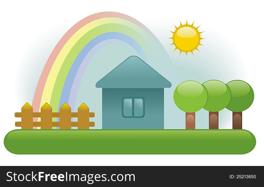 House, fence, tree on a background a rainbow