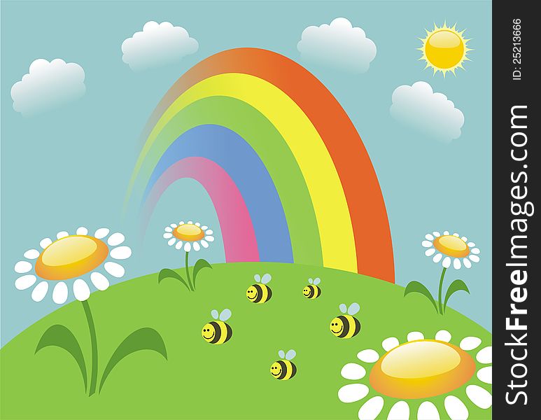 Summer meadow with rainbow and bees. Summer meadow with rainbow and bees