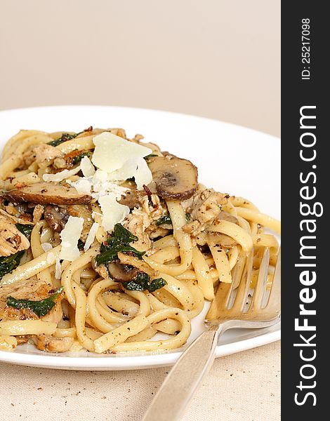 Light and tasty meal of whole wheat fettucine tossed with mushrooms chicken and spinach. Light and tasty meal of whole wheat fettucine tossed with mushrooms chicken and spinach