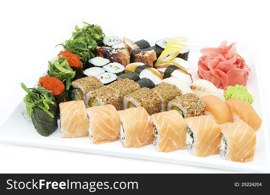 Japanese sushi fish and seafood on white background