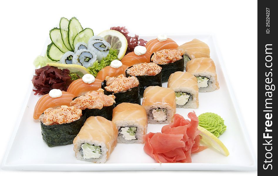 Sushi with salmon fish on a white background at a Japanese restaurant