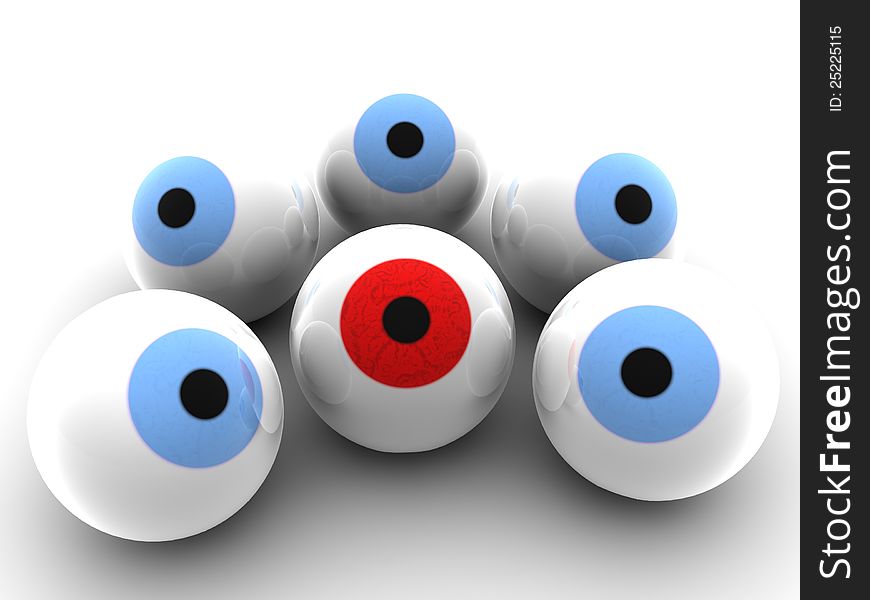 A red eyeball surrounded by blue eyeballs