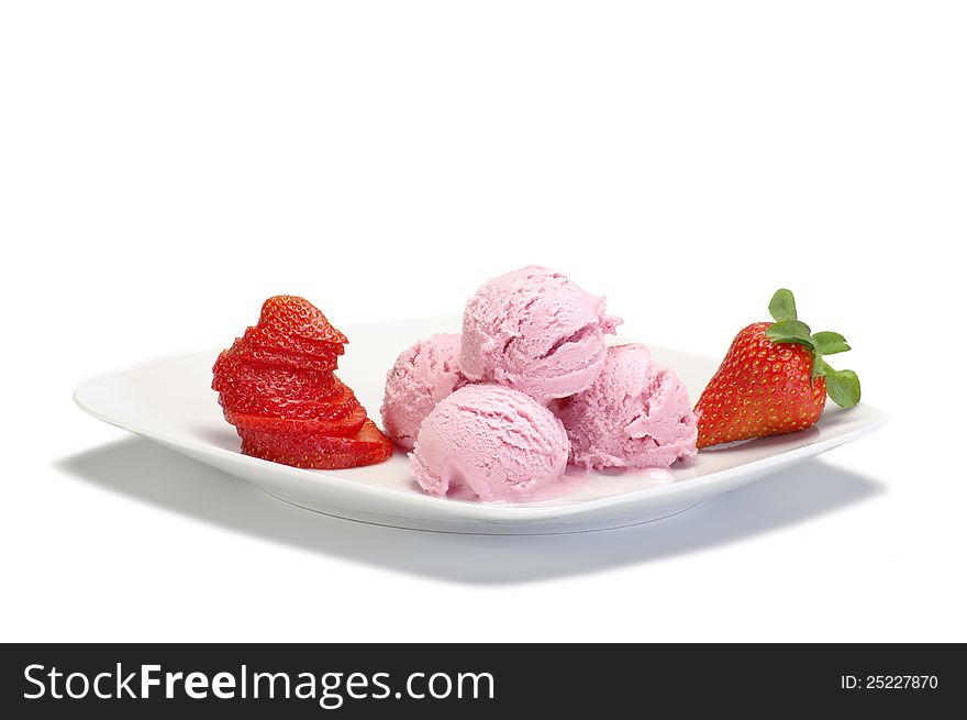 Strawberry ice cream on white plate