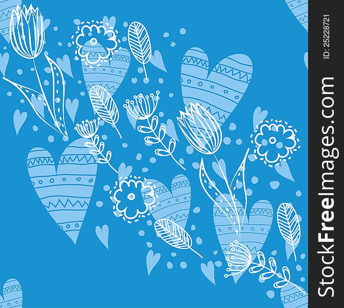 Vector seamless background with flowers and heart. Vector seamless background with flowers and heart