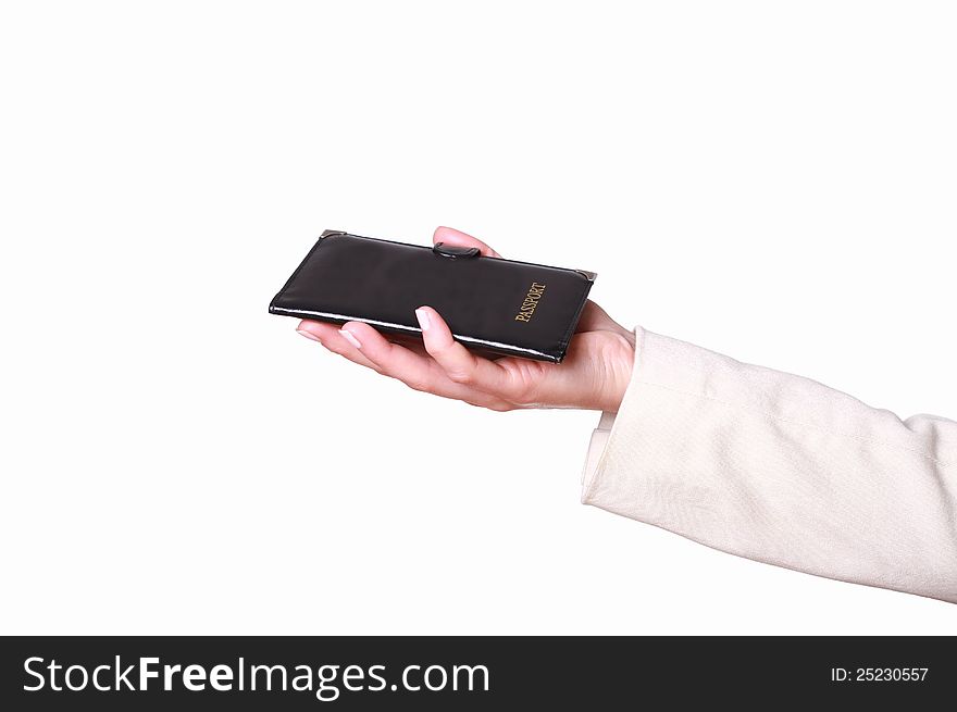Image of hand holding a blank passport with white background