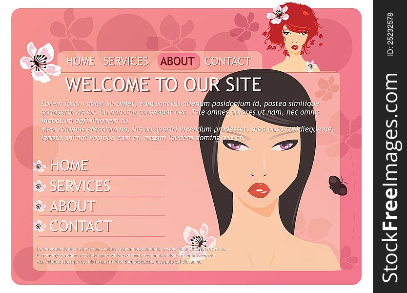 Beauty website template with beautiful girl and flowers, pink