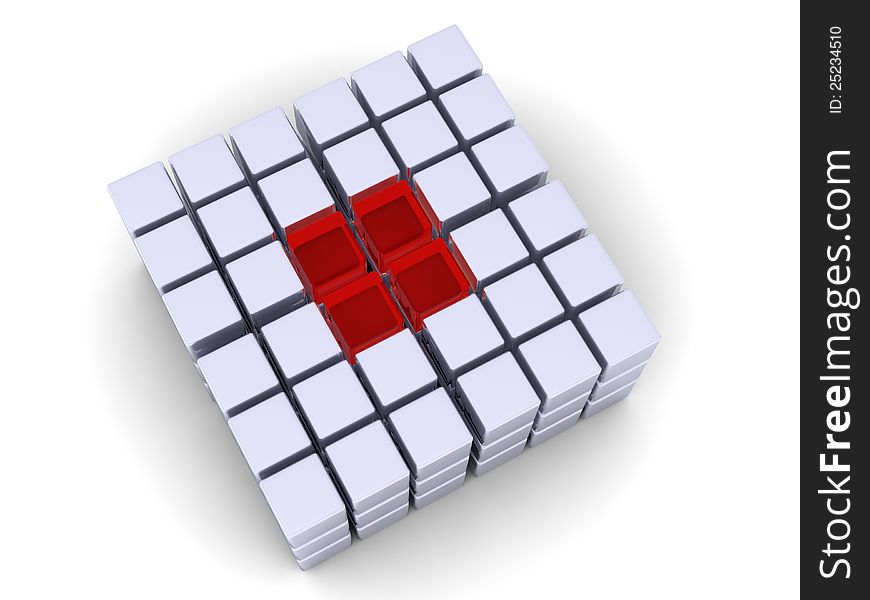 An array of cubes forming a square with red cubes in the center