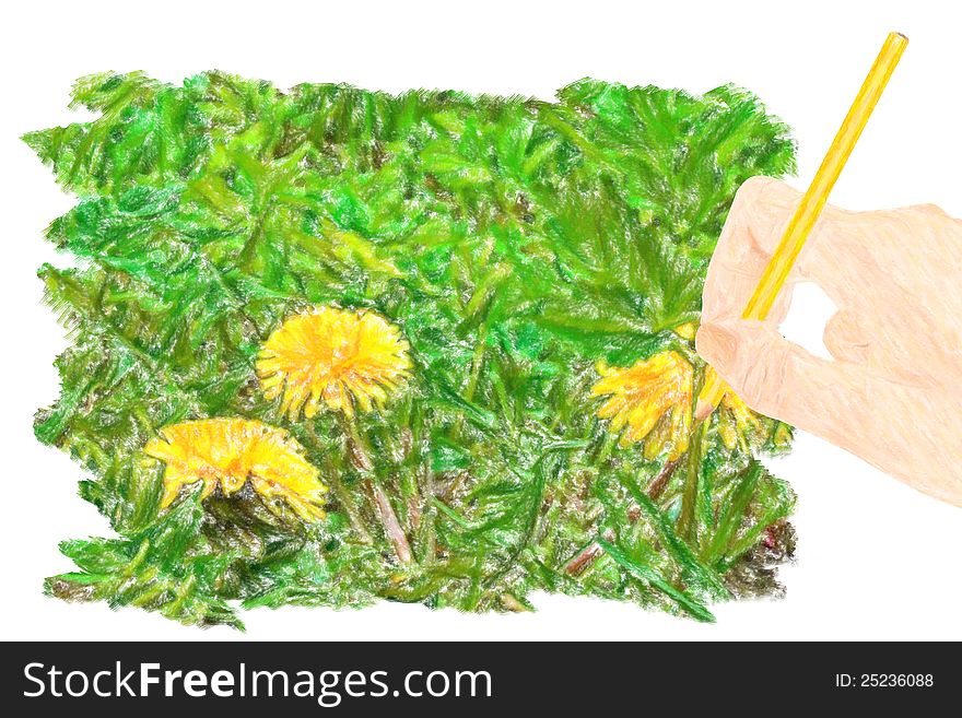 Unfinished drawing of big yellow dandelion with copy space. Unfinished drawing of big yellow dandelion with copy space.