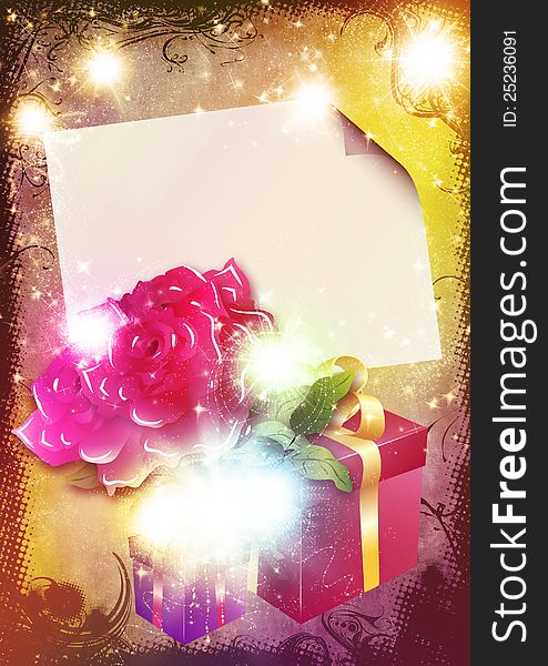 Illustration of celebration card with roses and gift boxes.