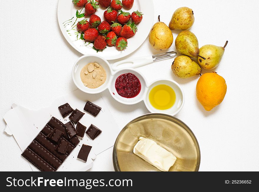 Chocolate and fruits cake ingredients