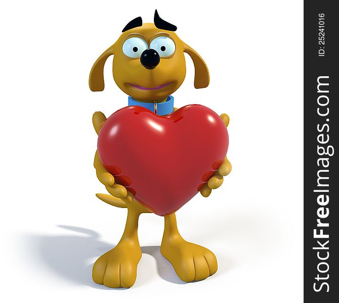 Brown cartoon dog holding a heart