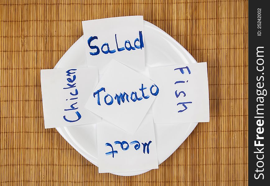 Set of post it notes to plate with common phrases food. Set of post it notes to plate with common phrases food