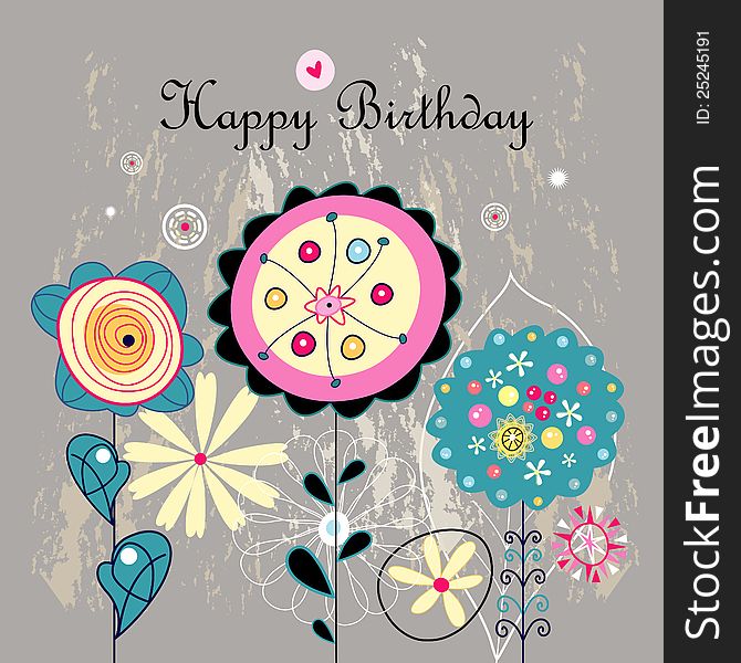 Colorful greeting card with flowers and hearts on a dark brown background. Colorful greeting card with flowers and hearts on a dark brown background