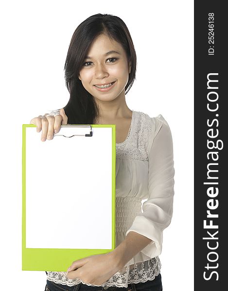 Beautiful asian woman hold blank clipboard isolated over white background. You can put your message on the paper. Beautiful asian woman hold blank clipboard isolated over white background. You can put your message on the paper