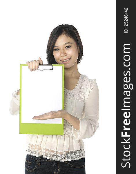 Beautiful asian woman hold blank clipboard isolated over white background. Beautiful asian woman hold blank clipboard isolated over white background