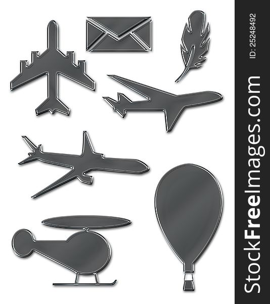 Air travel flight symbols in metallic grey. Air travel flight symbols in metallic grey
