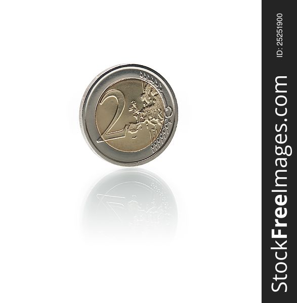 Closeup of two euro coin on white background. Clipping path is included