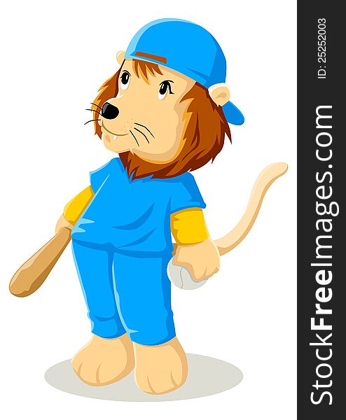 Cartoon illustration of a lion in baseball uniform. Cartoon illustration of a lion in baseball uniform