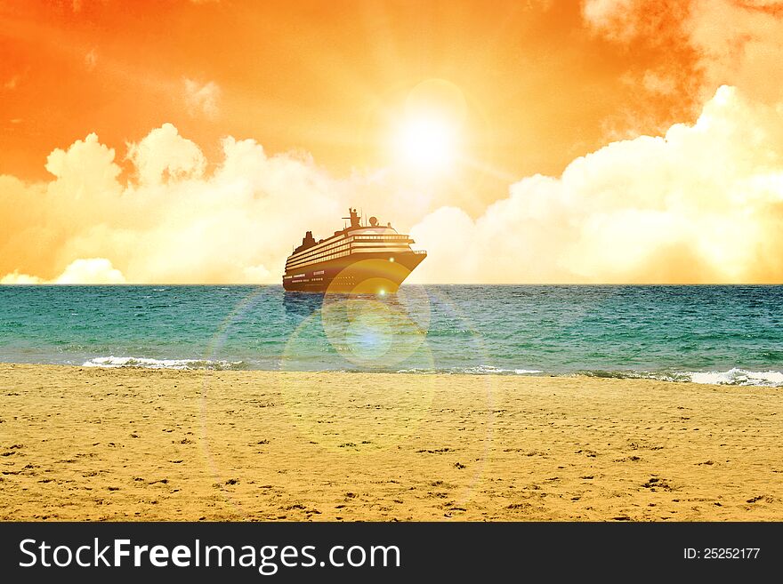 A cruise ship near the coast during sunset. A cruise ship near the coast during sunset