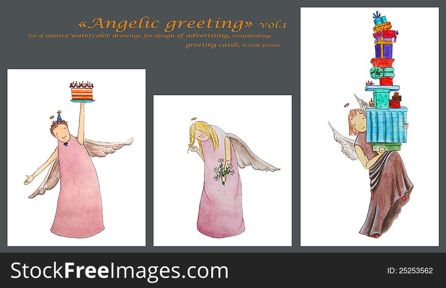 Hand painted isolated pictures of greeting angels. Hand painted isolated pictures of greeting angels