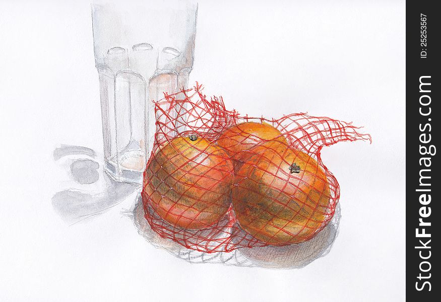 Hand painted illustration with oranges and empty glass