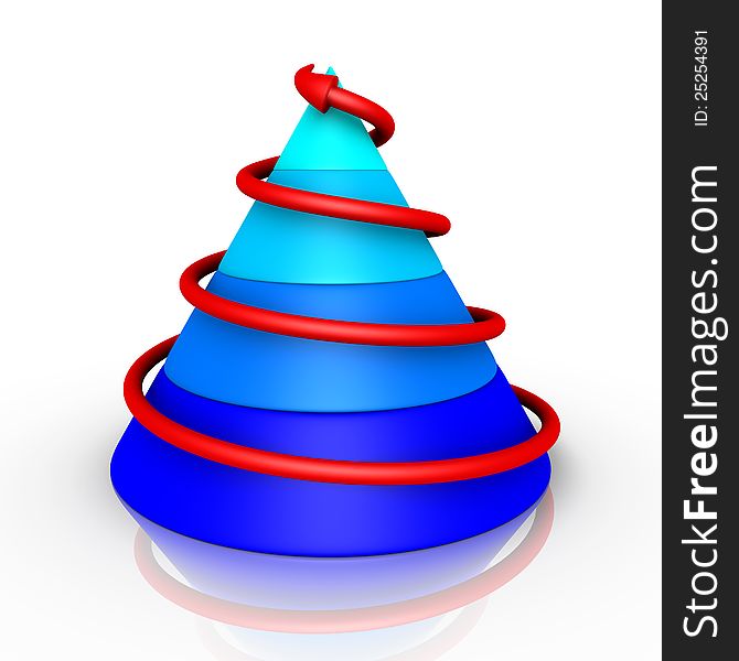 3d blue cone graph with red arrow going upwards. 3d blue cone graph with red arrow going upwards