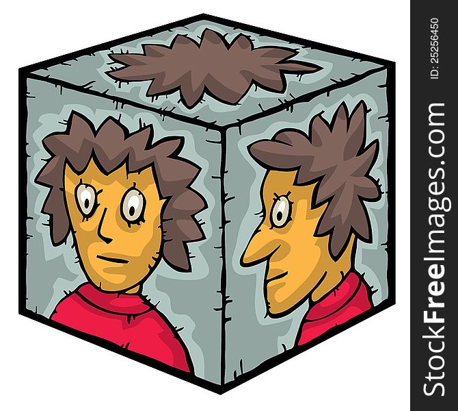 Head inside of transparent cube. Top, front and side views. Head inside of transparent cube. Top, front and side views