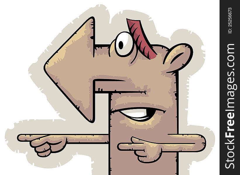 Funny arrow-nosed character showing direction with his nose and both hands. Funny arrow-nosed character showing direction with his nose and both hands